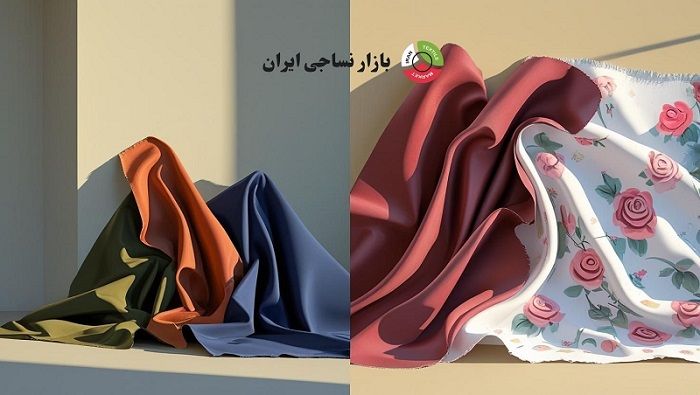 پارچه مانتویی و ملحفهای مقایسه تصویری پارچههای مانتویی رنگی با ایستایی مناسب در کنار پارچههای ملحفهای نرم و گلدار برای تولید مانتو و سرویس خواب