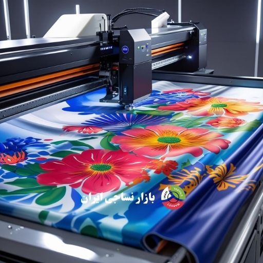 digital textile printer in action چاپگر دیجیتال در حال چاپ طرح پارچه